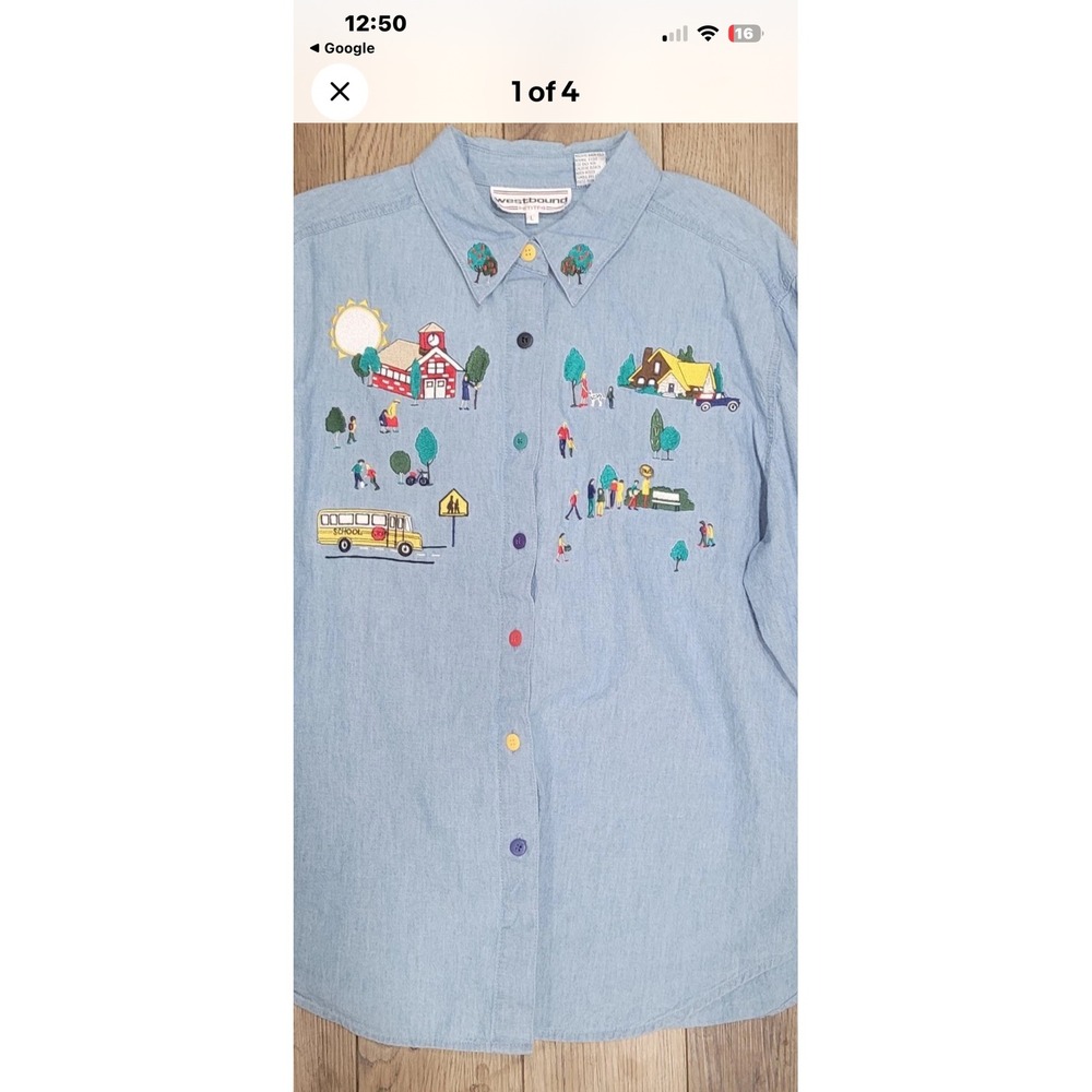Westbound Petite Vintage Embroidered School Scene Denim Shirt Blue‎ Large